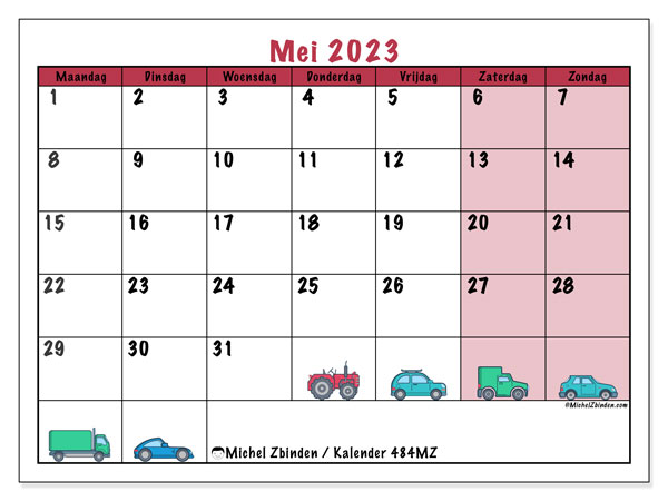 Kalender mei 2023 “484”. Gratis afdrukbare kalender.. Maandag tot zondag