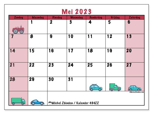 Kalender mei 2023 “484”. Gratis printbaar schema.. Zondag tot zaterdag
