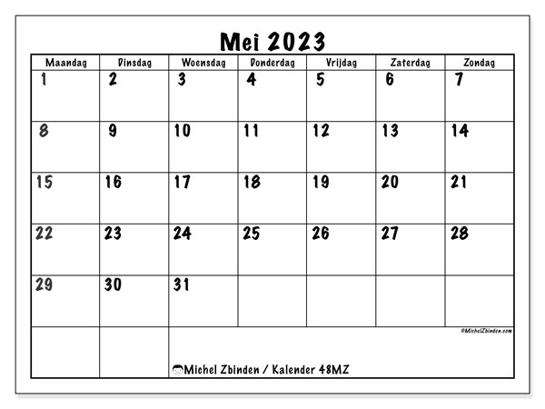 Kalender mei 2023, 48MZ. Gratis printbare kalender.