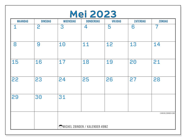 Kalender mei 2023, 49MZ. Gratis af te drukken agenda.