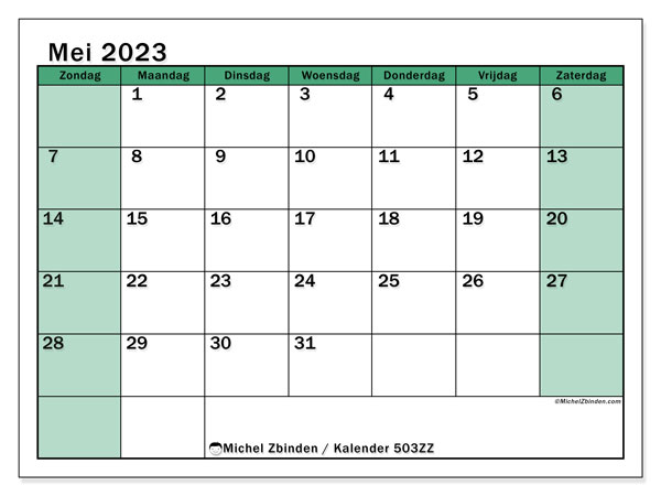 Kalender mei 2023, 503ZZ. Gratis af te drukken agenda.
