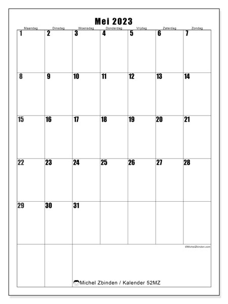 Kalender mei 2023, 52MZ. Gratis printbare kalender.