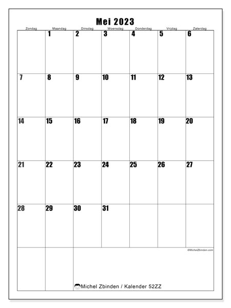Kalender om af te drukken, mei 2023, 52ZZ
