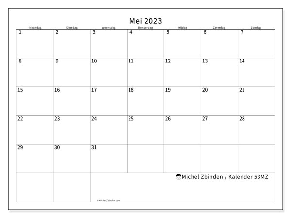 Kalender mei 2023, 53MZ. Gratis af te drukken agenda.
