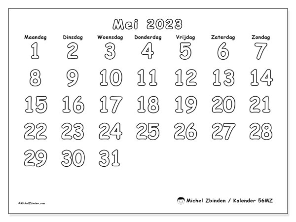 Kalender mei 2023, 56MZ. Gratis printbare kalender.
