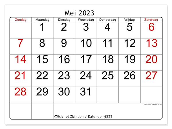 Kalender mei 2023, 62ZZ. Gratis af te drukken agenda.
