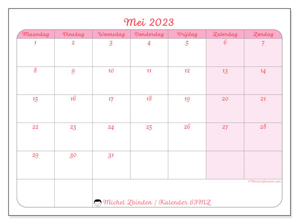 Kalender mei 2023, 63MZ. Gratis af te drukken agenda.
