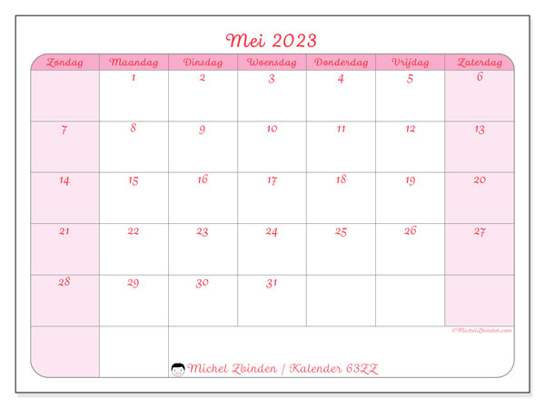 Kalender mei 2023, 63ZZ. Gratis af te drukken agenda.