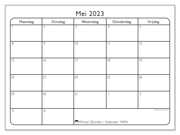 Kalender mei 2023, 74MZ. Gratis af te drukken agenda.