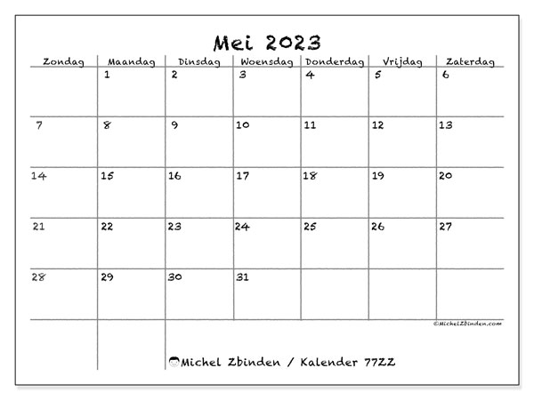 Kalender mei 2023, 77ZZ. Gratis af te drukken agenda.
