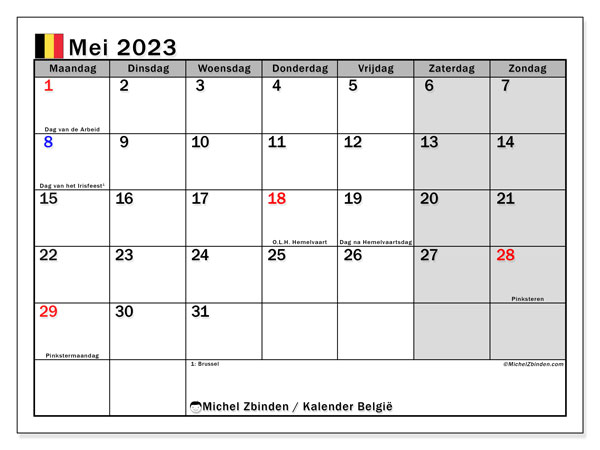 Calendrier mai 2023, Belgique (NL), prêt à imprimer et gratuit.
