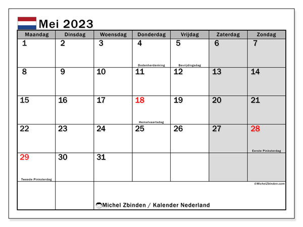 Kalender mei 2023, Nederland, klaar om af te drukken, gratis.