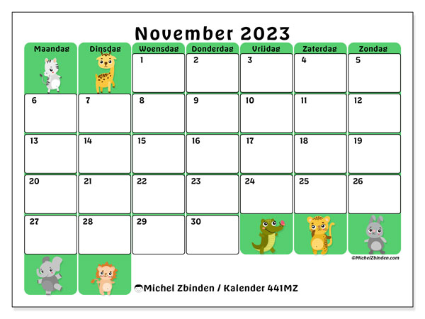 Kalender november 2023 “441”. Gratis af te drukken agenda.. Maandag tot zondag