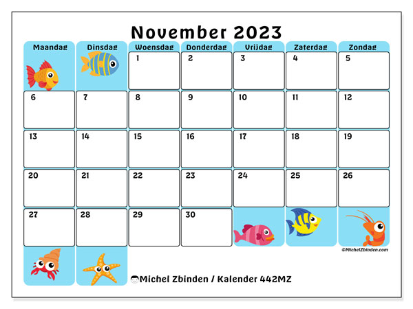 Kalender november 2023 “442”. Gratis afdrukbaar programma.. Maandag tot zondag