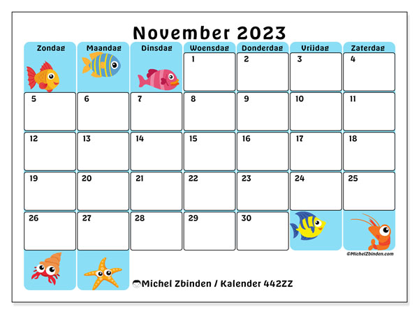 Kalender november 2023 “442”. Gratis afdrukbaar programma.. Zondag tot zaterdag