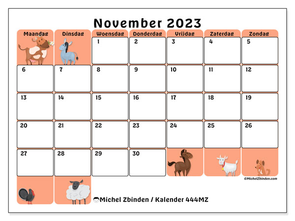 Kalender november 2023 “444”. Gratis printbare kaart.. Maandag tot zondag
