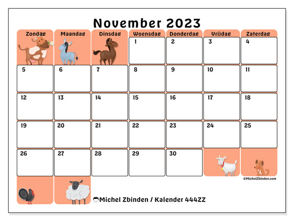 Kalender november 2023 “444”. Gratis printbare kaart.. Zondag tot zaterdag