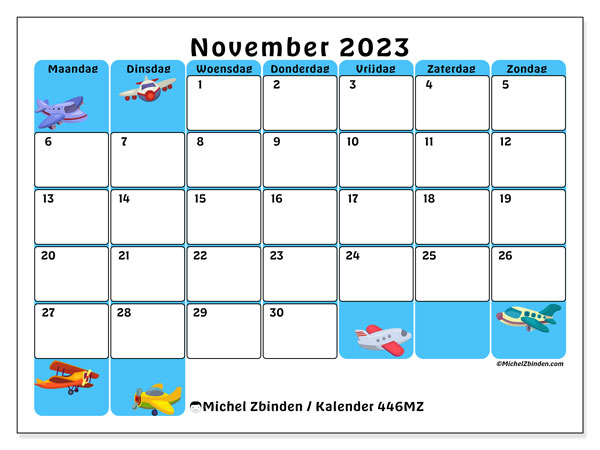 Kalender november 2023 “446”. Gratis afdrukbare kalender.. Maandag tot zondag
