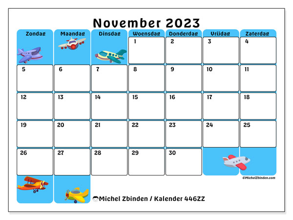 Kalender november 2023 “446”. Gratis afdrukbare kalender.. Zondag tot zaterdag