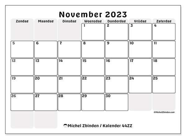 Kalender november 2023 “44”. Gratis afdrukbaar programma.. Zondag tot zaterdag