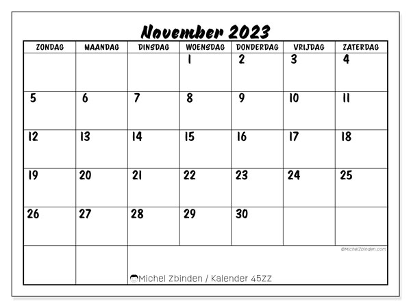 Kalender november 2023 “45”. Gratis af te drukken agenda.. Zondag tot zaterdag