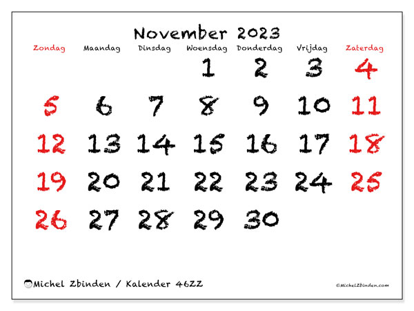 Kalender november 2023 “46”. Gratis afdrukbaar programma.. Zondag tot zaterdag