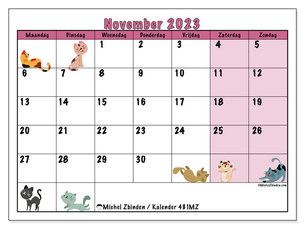 Kalender november 2023 “481”. Gratis af te drukken agenda.. Maandag tot zondag
