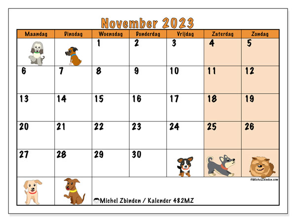 Kalender november 2023 “482”. Gratis printbare kaart.. Maandag tot zondag