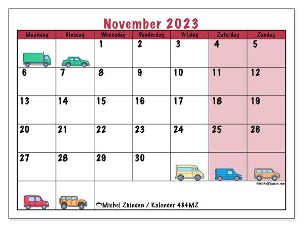 Kalender november 2023 “484”. Gratis af te drukken agenda.. Maandag tot zondag