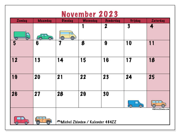 Kalender november 2023 “484”. Gratis af te drukken agenda.. Zondag tot zaterdag