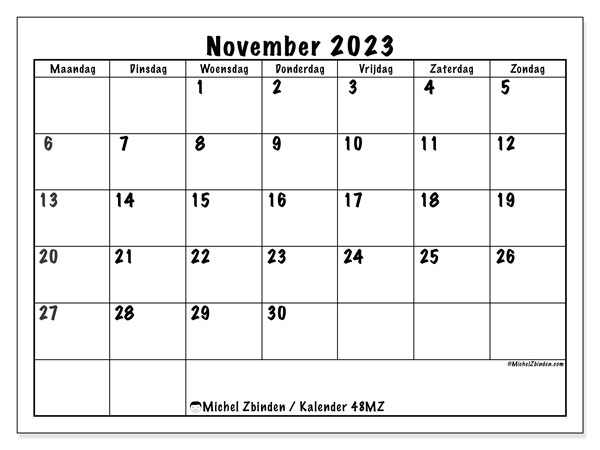 Kalender november 2023 “48”. Gratis afdrukbare kalender.. Maandag tot zondag