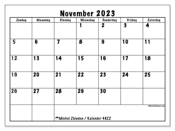 Kalender november 2023, 48ZZ. Gratis afdrukbaar programma.