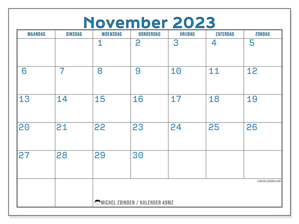 Kalender november 2023, 49MZ. Gratis afdrukbare kalender.