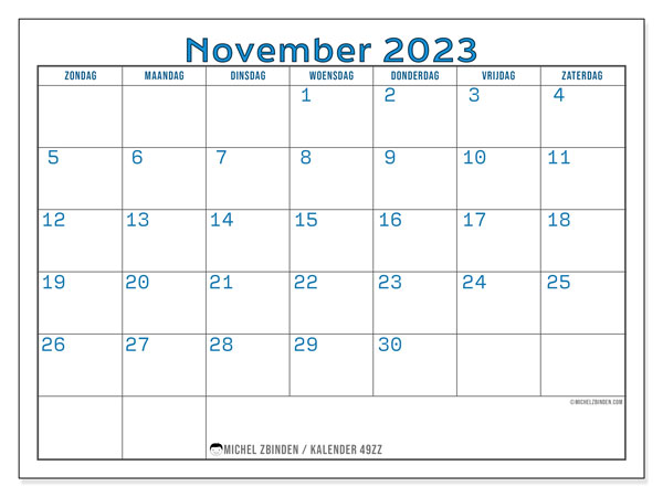 Kalender november 2023 “49”. Gratis printbare kaart.. Zondag tot zaterdag