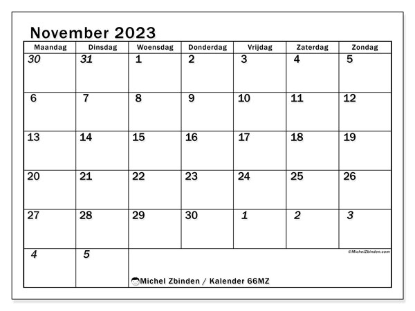 Kalender november 2023 “501”. Gratis afdrukbaar programma.. Maandag tot zondag