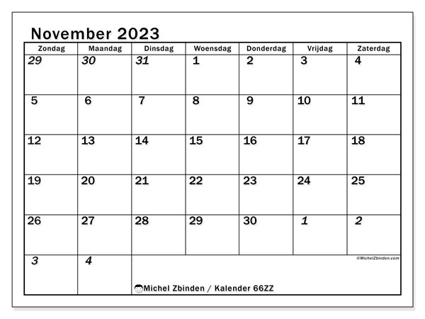 Kalender november 2023 “501”. Gratis afdrukbaar programma.. Zondag tot zaterdag