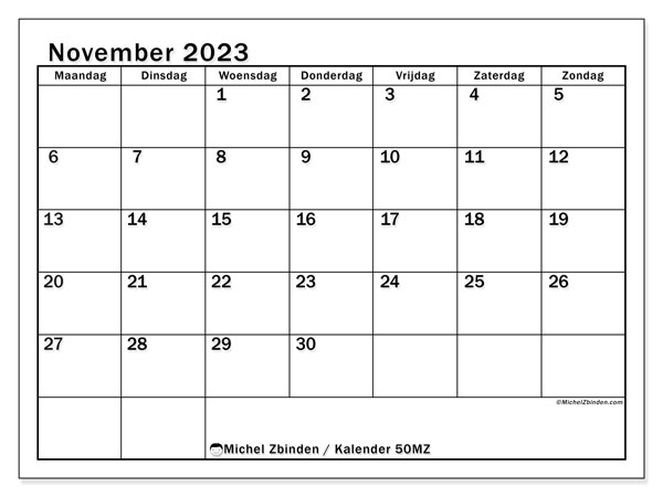 Kalender november 2023 “50”. Gratis printbare kaart.. Maandag tot zondag