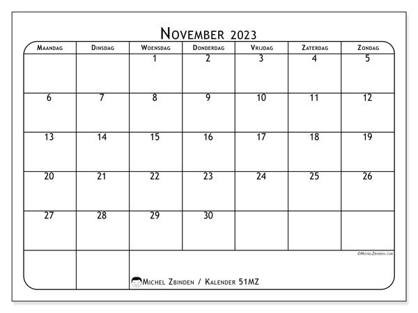 Kalender november 2023 “51”. Gratis afdrukbare kalender.. Maandag tot zondag