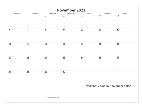 Kalender november 2023, 53MZ. Gratis afdrukbaar programma.