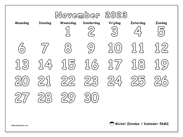 Kalender november 2023 om af te drukken. Maandkalender “56MZ” en schema om gratis af te drukken
