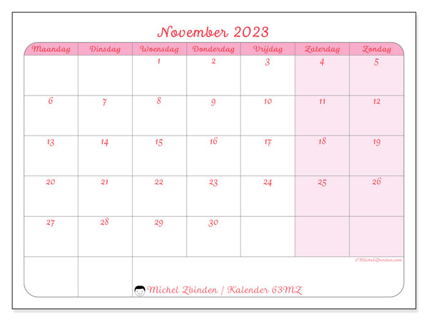 Kalender november 2023 “63”. Gratis afdrukbaar programma.. Maandag tot zondag
