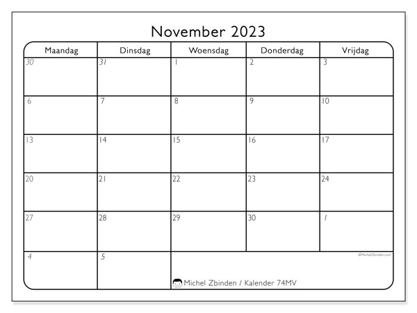 Kalender november 2023 “74”. Gratis afdrukbaar programma.. Maandag tot vrijdag