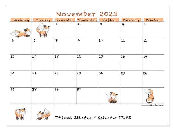 Kalender november 2023 “771”. Gratis af te drukken agenda.. Maandag tot zondag