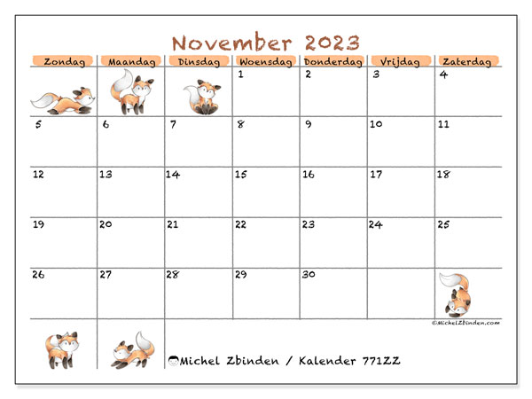 Kalender november 2023 “771”. Gratis af te drukken agenda.. Zondag tot zaterdag