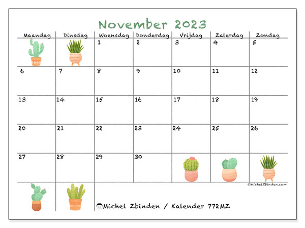 Kalender november 2023, 772MZ. Gratis afdrukbaar programma.