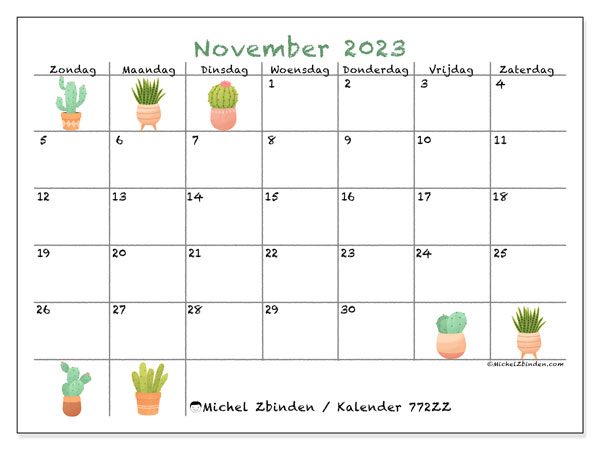 Kalender november 2023 “772”. Gratis printbaar schema.. Zondag tot zaterdag