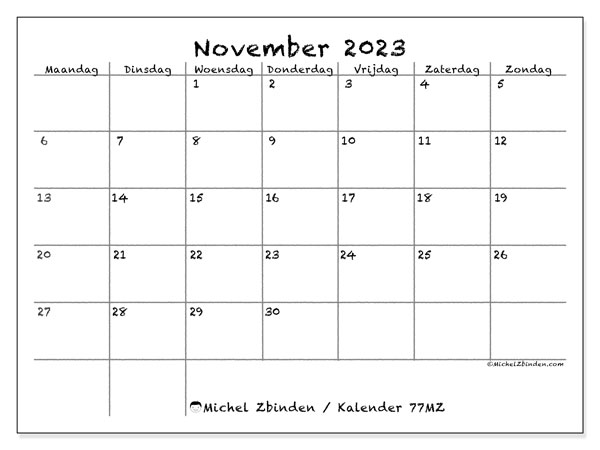 Kalender november 2023 “77”. Gratis af te drukken agenda.. Maandag tot zondag