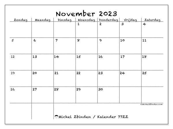 Kalender november 2023 “77”. Gratis af te drukken agenda.. Zondag tot zaterdag
