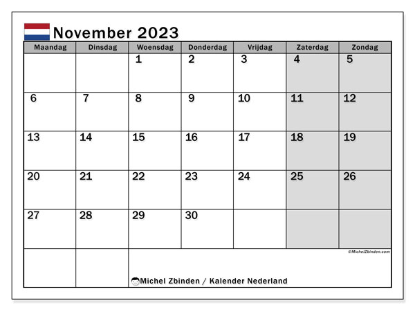 Calendrier novembre 2023, Pays-Bas (NL), prêt à imprimer et gratuit.
