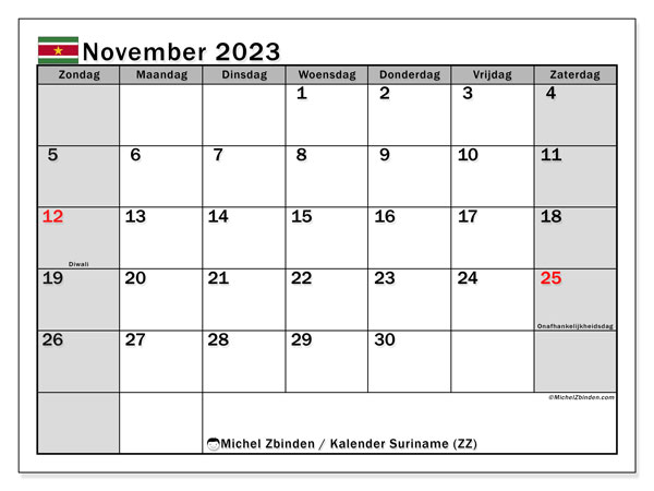 Kalender om af te drukken, november 2023, Suriname (ZZ)